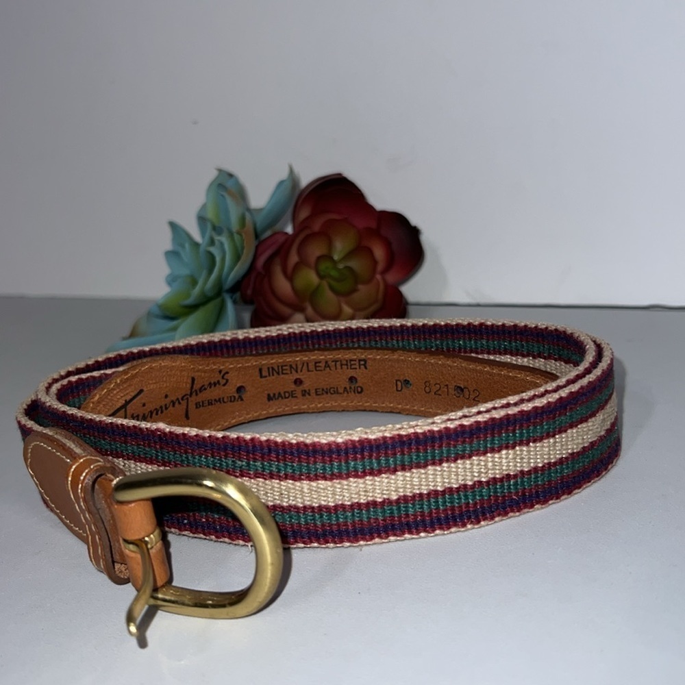 Triminghams Burmuda Linen Leather Belt Made in England Sz 40 Solid Brass Buckle